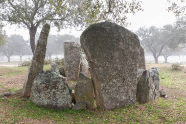 Hijadilla Dolmen tipi uzun koridor ile dairesel odası var. Caceres yer. Extremadura. İspanya.