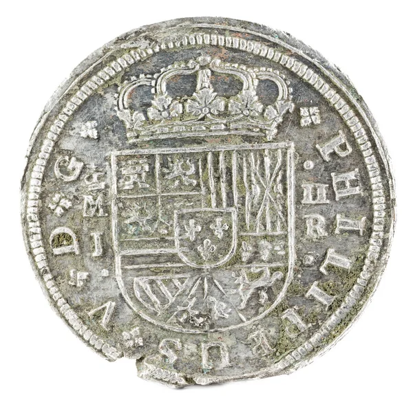 Antika Spanska Silver Mynt Den Kung Felipe 1717 Myntade Madrid — Stockfoto