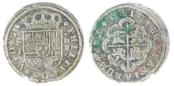 Antika Spanska Silver Mynt Den Kung Felipe 1717 Myntade Madrid — Stockfoto