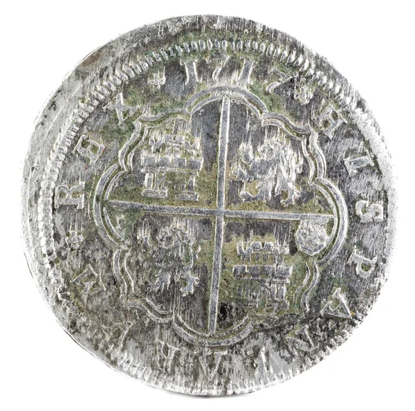 Αρχαία Ισπανική Ασημένιο Νόμισμα Από Τον Βασιλιά Felipe 1717 Πλάθεται — Φωτογραφία Αρχείου