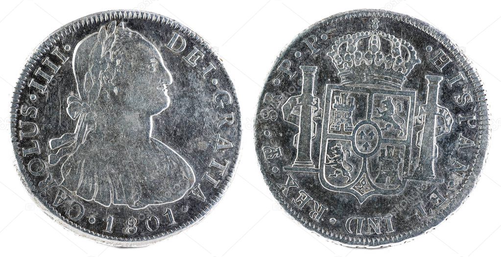 Ancient Spanish silver coin of the King Carlos IV. 1801. Coined in Potosi. 8 reales.