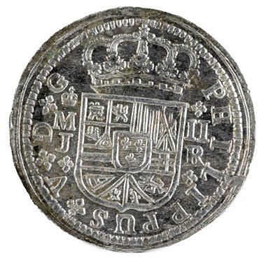 Eski İspanyol Kralı Felipe V. 1716'ın gümüş. Madrid'de icat. 2 reales. Ön yüzde.