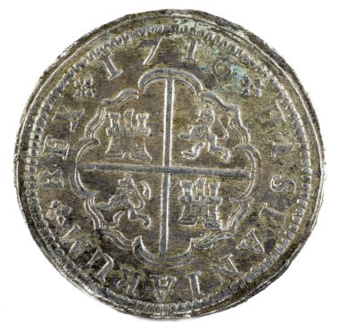 Eski İspanyol Kralı Felipe V. 1716'ın gümüş. Madrid'de icat. 2 reales. Ters.