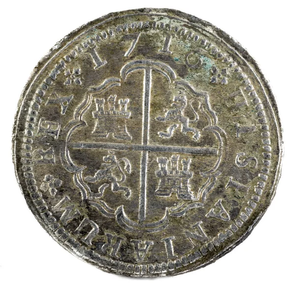 Antika Spanska Silver Mynt Den Kung Felipe 1716 Myntade Madrid — Stockfoto