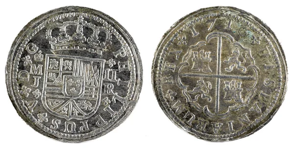 Moneda Plata Española Antigua Del Rey Felipe 1716 Acuñado Madrid — Foto de Stock