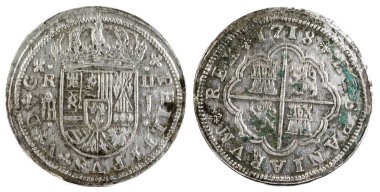 Eski İspanyol Kralı Felipe V. 1718'ın gümüş. Segovia içinde icat. 2 reales.