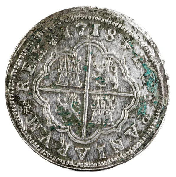 Moneda Plata Española Antigua Del Rey Felipe 1718 Acuñado Segovia — Foto de Stock