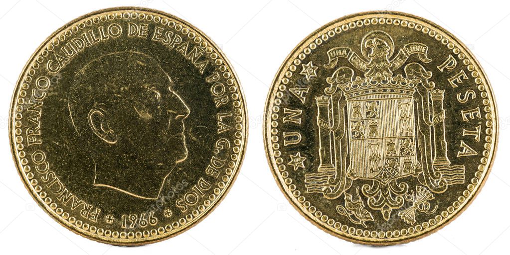 Old Spanish coin of 1 peseta, Francisco Franco. Year 1966, 19 75 in the stars.