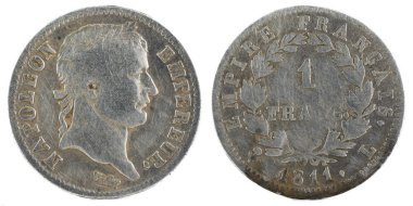 1811, Fransa 1 İmparatorluğu, Napoleon ı. gümüş sikke. 1 frankı.