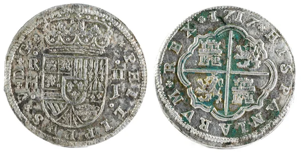 Antika Spanska Silver Mynt Den Kung Felipe 1717 Myntade Segovia — Stockfoto