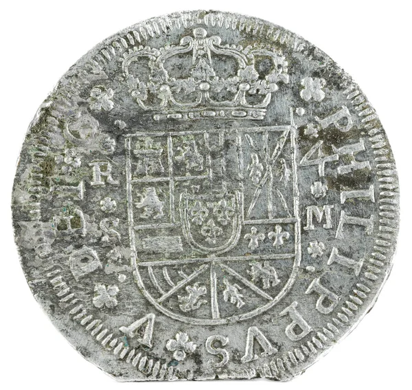 Starożytne Hiszpański Srebrna Moneta 1718 Felipe Króla Ukuł Sevilla Reales — Zdjęcie stockowe
