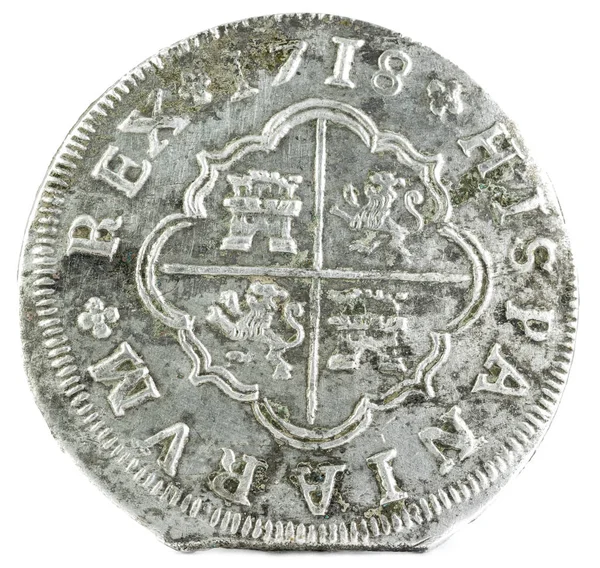 Antika Spanska Silver Mynt Den Kung Felipe 1718 Myntade Sevilla — Stockfoto