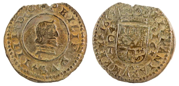 Ancient Spanish Copper Coin King Felipe 1664 Coined Cordoba Maravedis — Stock Photo, Image