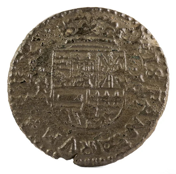 Ancient Spanish copper coin of King Felipe IV. 1663. Coined in Trujillo. 16 Maravedis. Reverse.