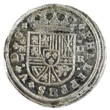 Eski İspanyol Kralı Felipe V. 1716'ın gümüş. Madrid'de icat. 2 reales. Ön yüzde.