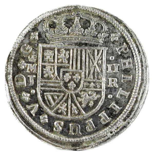 Moneda Plata Española Antigua Del Rey Felipe 1716 Acuñado Madrid — Foto de Stock