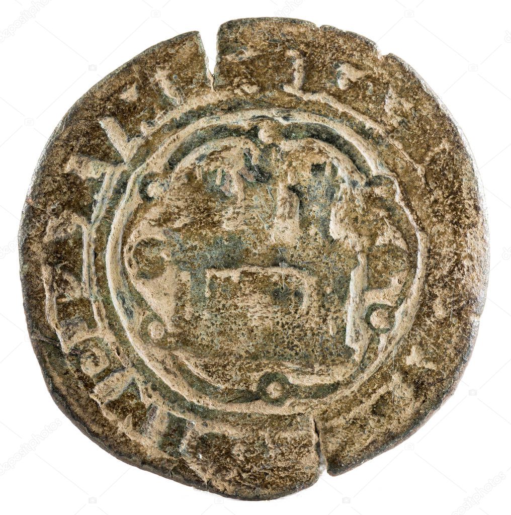 Ancient Spanish copper coin of the King Carlos I. Coined in Santo Domingo. 4 maravedis. Obverse.