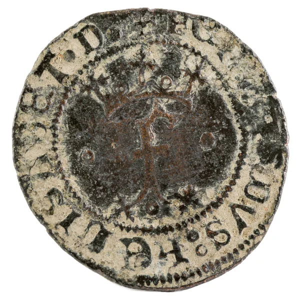 Starożytnych Hiszpański Miedź Moneta Kings Fernando Isabel Królowie Katoliccy Ukuł — Zdjęcie stockowe