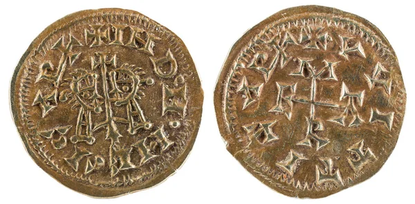 古老的 Visigothic 金硬币的国王 Egica Witiza Tremissis 铸造在 Emerita — 图库照片