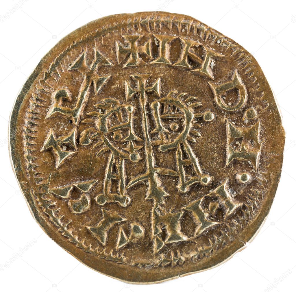 Ancient Visigothic gold coin of the kings Egica and Witiza. Tremissis. Coined in Emerita. Obverse.