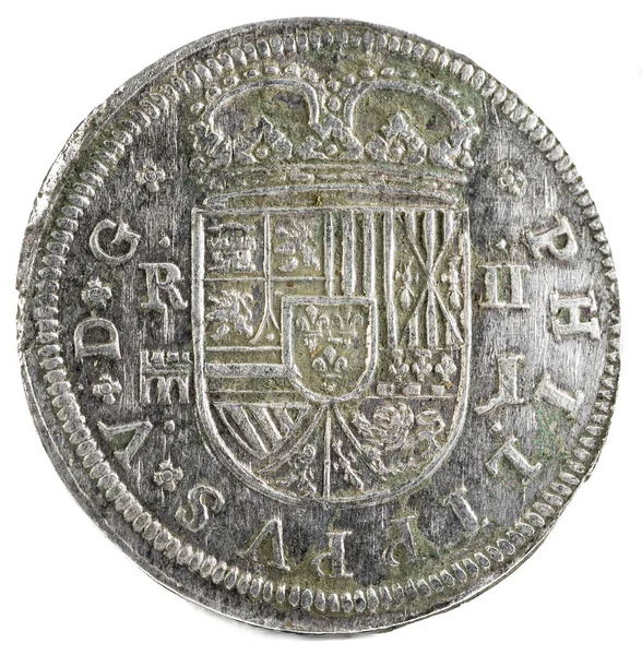 Moneda Plata Española Antigua Del Rey Felipe 1717 Acuñado Segovia —  Fotos de Stock