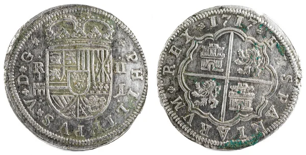 Antika Spanska Silver Mynt Den Kung Felipe 1717 Myntade Segovia — Stockfoto