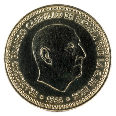 1 peseta, Francisco Franco eski İspanyolca sikke. Yıl 1966, 19 73 yıldız. Ön yüzde.