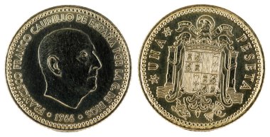 1 peseta, Francisco Franco eski İspanyolca sikke. Yıl 1966, 19 73 yıldız.