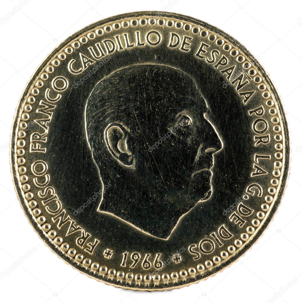 Old Spanish coin of 1 peseta, Francisco Franco. Year 1966, 19 73 in the stars. Obverse.