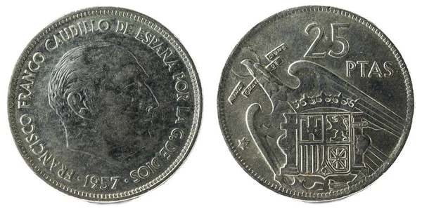 古いスペイン語コイン ペセタのフランシスコ フランコ 1957 — ストック写真