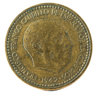 1 peseta, Francisco Franco eski İspanyolca sikke. Yıl 1947, 19 51 yıldız. Ön yüzde.