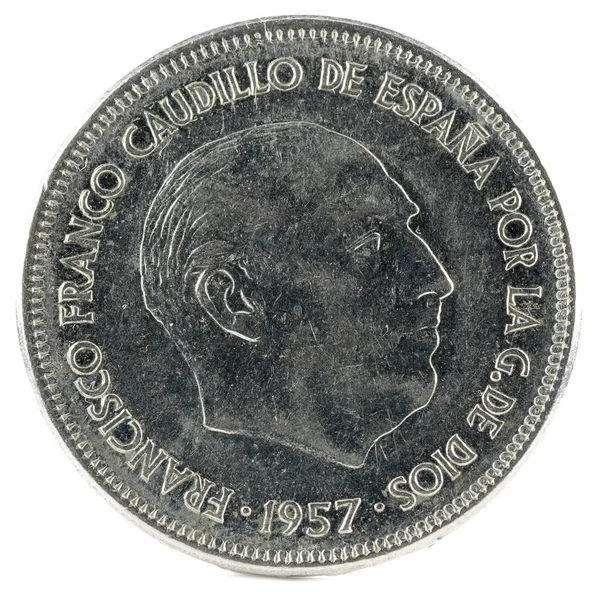 Old Spanish Coin Pesetas Francisco Franco Year 1957 Star Obverse — Stock Photo, Image