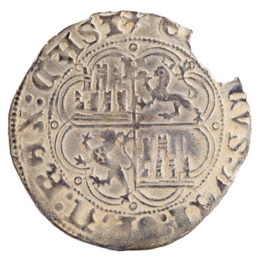 Antik Ortaçağ gümüş sikke Kral Enrique IV. Yarım gerçek. Burgos içinde icat. İspanya. Ters.