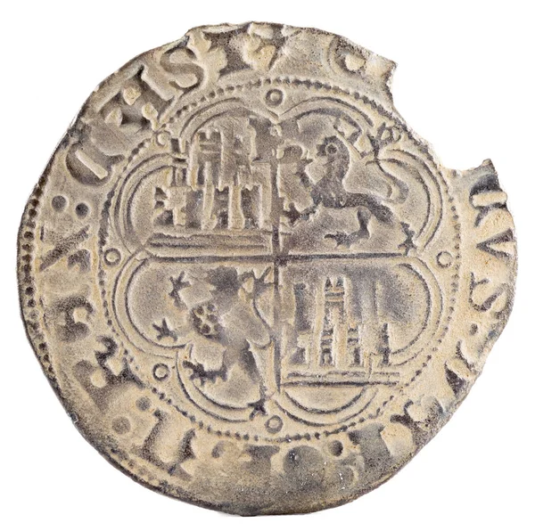 Antik Ortaçağ gümüş sikke Kral Enrique IV. Yarım gerçek. Burgos içinde icat. İspanya. Ters.