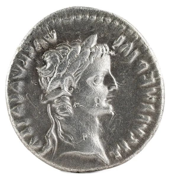 Monedă Denarius Argint Romană Veche Împăratului Tiberius Avers — Fotografie, imagine de stoc