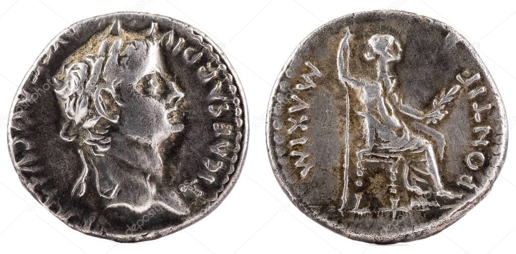 Ancient Roman silver denarius coin of Emperor Tiberius.