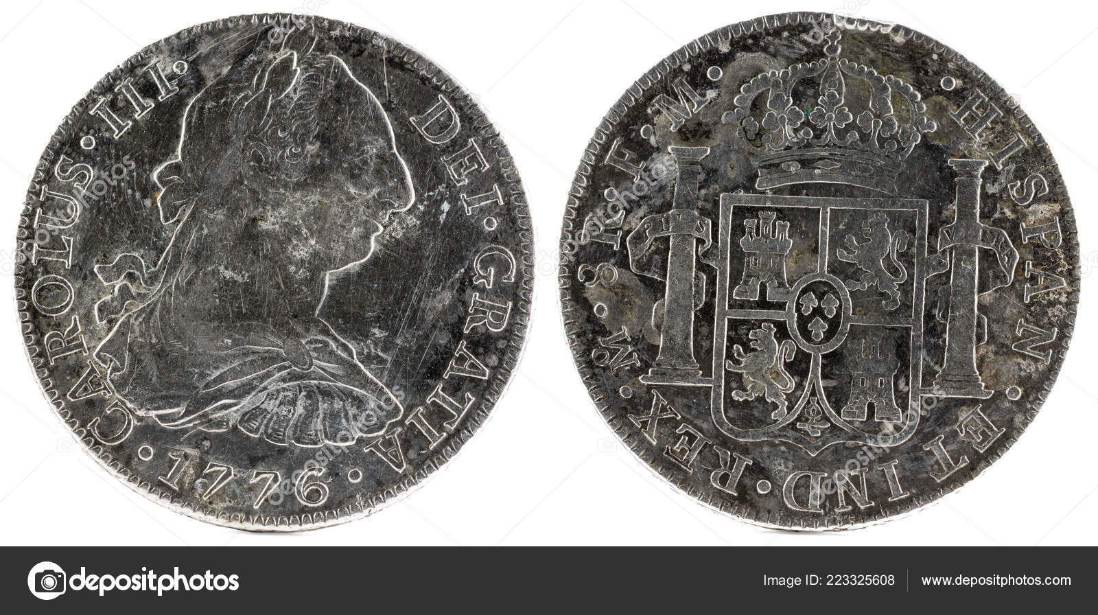 西班牙古代钱币的国王卡洛斯二世1776 在墨西哥8雷亚尔——图库图片© estellez #223325608