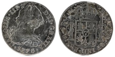 Eski İspanyol Kral Carlos III sikke gümüş. 1776. Meksika'da icat. 8 reales.
