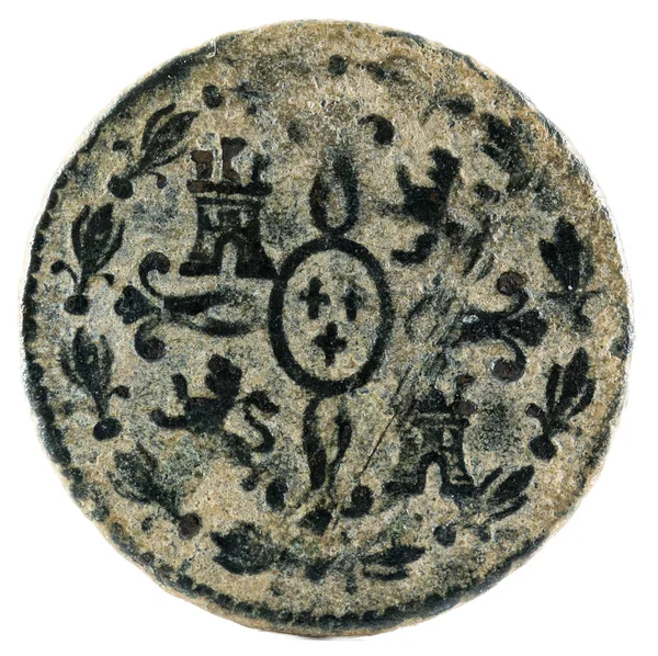 古代西班牙铜币的国王卡洛斯二世 1777 在塞哥维亚 2马拉韦迪斯 — 图库照片