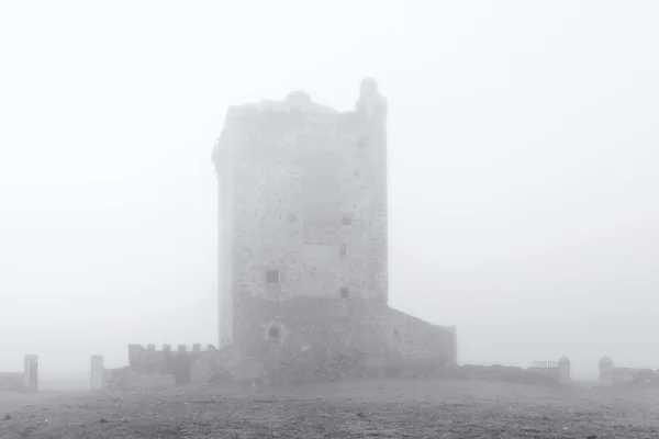 Tower Mogollones Landscape Medieval Tower Shrouded Fog Extremadura Spain — Stock Photo, Image