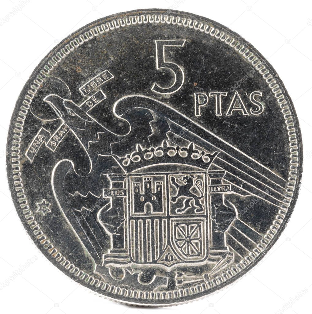 Old Spanish coin of 5 pesetas, Francisco Franco. Year 1957, 72 in the star. Reverse.