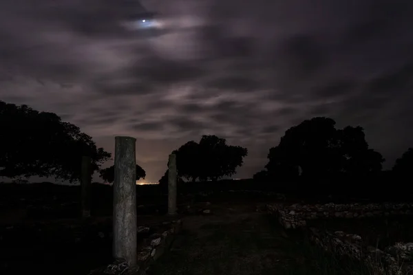 Paisaje Nocturno Con Ruinas Romanas Antigua Villa Romana Los Terminos — Foto de Stock