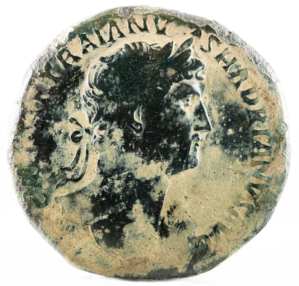 Ancient Roman Bronze Sertertius Moeda Imperador Adriano Obverso — Fotografia de Stock