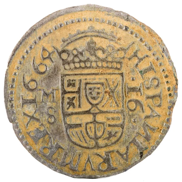 Antigua Moneda Española Cobre Del Rey Felipe 1664 Acuñado Madrid —  Fotos de Stock