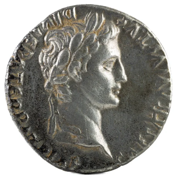 Monedă Denarius Argint Romană Veche Împăratului Augustus Avers — Fotografie, imagine de stoc