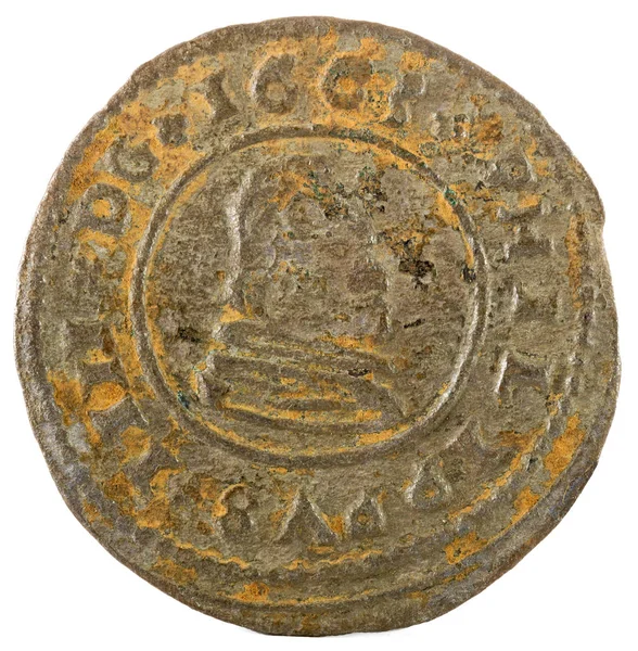 Ancient Spanish Copper Coin King Felipe 1663 Coined Trujillo Maravedis — Stock Photo, Image