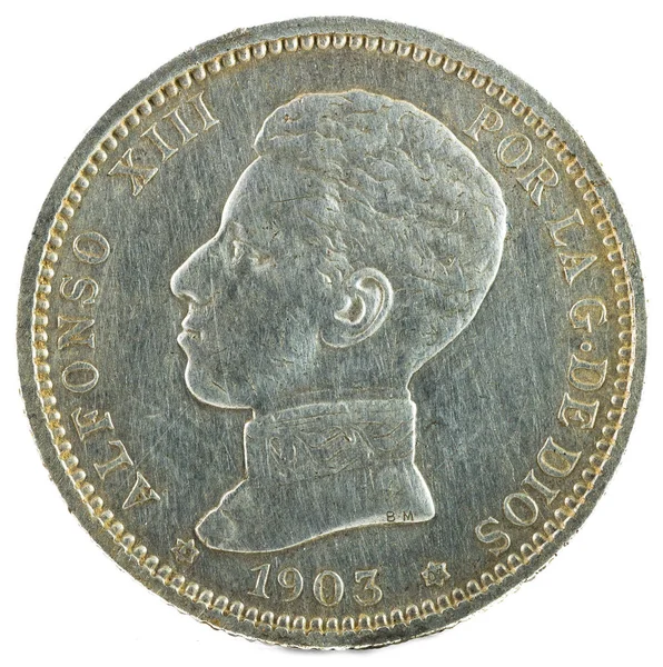 Moneda Plata Española Antigua Del Rey Alfonso Xiii Peseta 1903 —  Fotos de Stock
