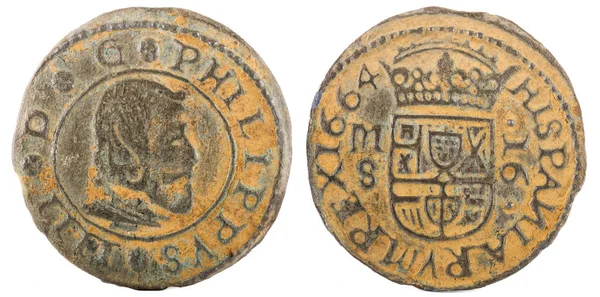 Antika Spanska Koppar Mynt Kung Felipe 1664 Myntade Madrid Maravedis — Stockfoto