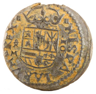 Eski İspanyol Kralı Felipe IV'ın bakır. 1664. Trujillo şehrinde icat. 16 Maravedis. Ters.