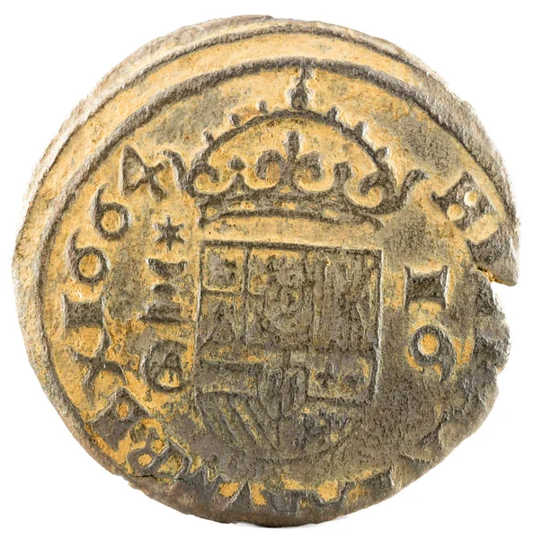 Antigua Moneda Española Cobre Del Rey Felipe 1664 Acuñado Cuenca — Foto de Stock
